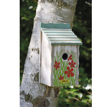 Vogelhaus mit Blumenmuster an einem Baum befestigt