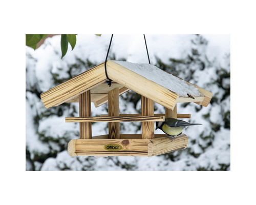 Holzvogelhaus mit Schnee und einer Blaumeise