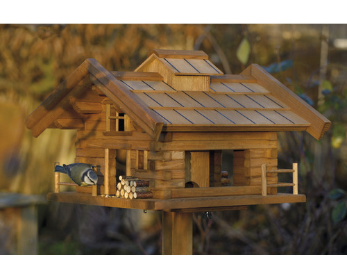 Holzvogelhaus im Chaletstil mit Blaumeise