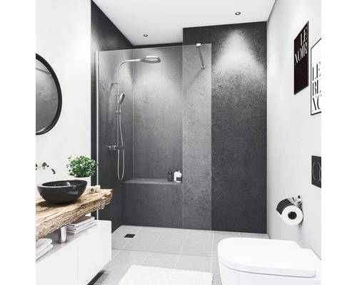 Duschrückwand BREUER Dekor Stein anthrazit hochglanz 100 x 210 cm Helles Badezimmer mit Dusche, Waschtisch und Toilette.