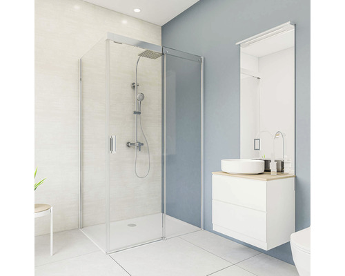 Duschrückwand BREUER Dekor Beton hochglanz 100 x 210 cm Modernes Badezimmer mit Dusche, Waschbecken und Spiegel