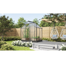 Gewächshaus im Garten mit Pflanzen und Gartendekoration
