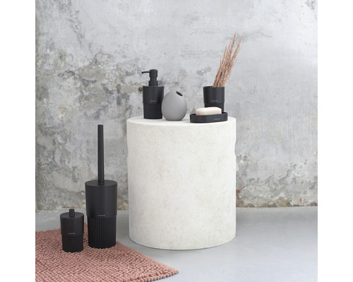 Badezimmer-Szene mit Seifenspender, Seifenschale, Vase, Becher, Toilettenbürste und Teppich