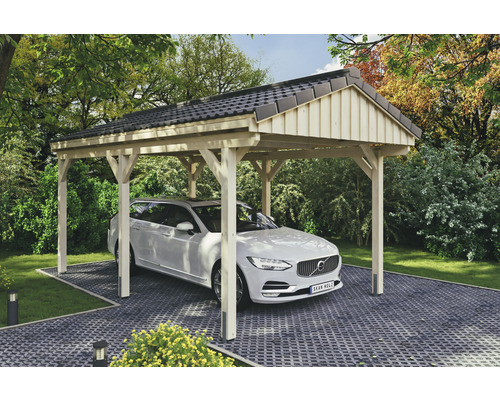 Einzelcarport SKAN Holz Fichtelberg 317 x 566 cm natur Holzcarport mit Auto auf gepflastertem Untergrund