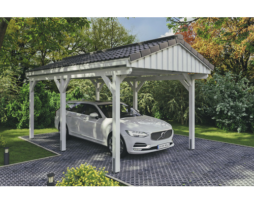 Einzelcarport SKAN Holz Fichtelberg 317 x 566 cm weiß Carport aus Holz mit geparktem Auto