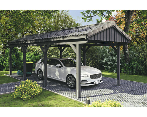 Einzelcarport SKAN Holz Fichtelberg 317 x 808 cm Schiefer Carport mit Auto und Gartengeräten