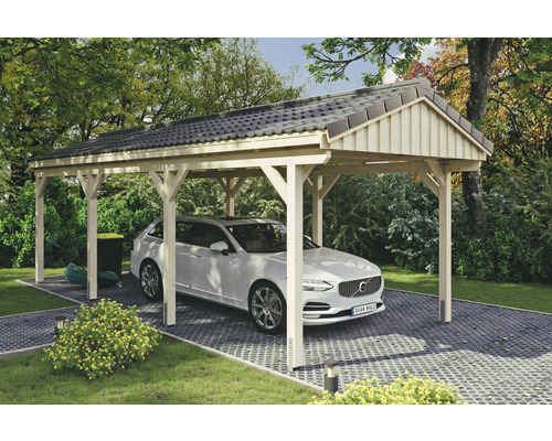 Einzelcarport SKAN Holz Fichtelberg 317 x 808 cm natur Carport aus Holz mit Auto auf gepflastertem Untergrund