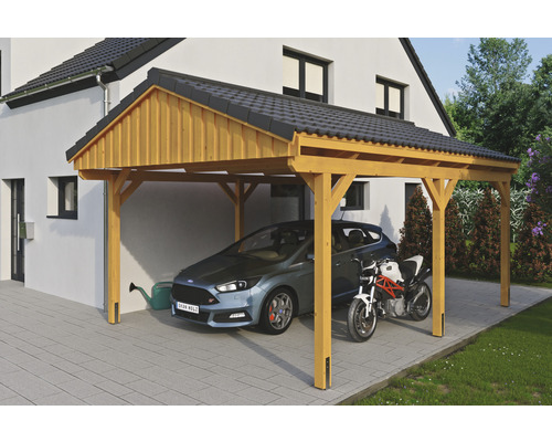 Einzelcarport SKAN Holz Fichtelberg 423 x 566 cm Eiche hell Holzcarport mit Auto und Motorrad