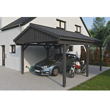 Carport aus Holz mit Auto und Motorrad