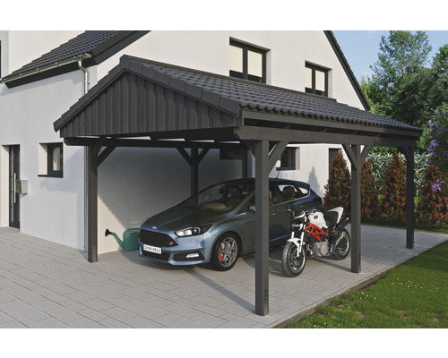 Einzelcarport SKAN Holz Fichtelberg 423 x 566 cm Schiefer Carport aus Holz mit Auto und Motorrad