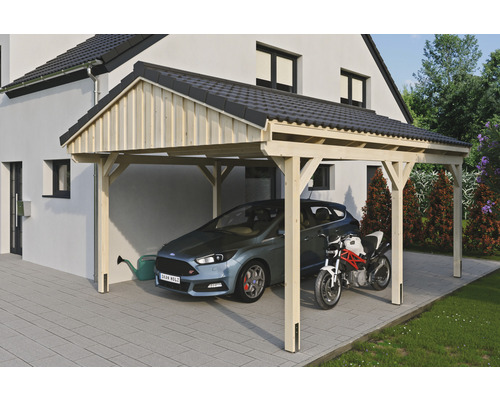 Einzelcarport SKAN Holz Fichtelberg 423 x 566 cm natur Carport aus Holz mit Auto und Motorrad