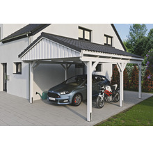 Carport aus Holz mit Auto und Motorrad