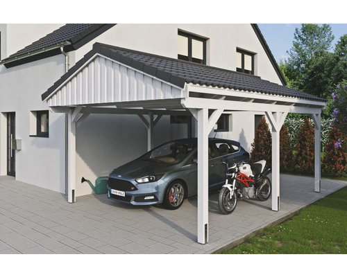 Einzelcarport SKAN Holz Fichtelberg 423 x 566 cm weiß Carport aus Holz mit Auto und Motorrad