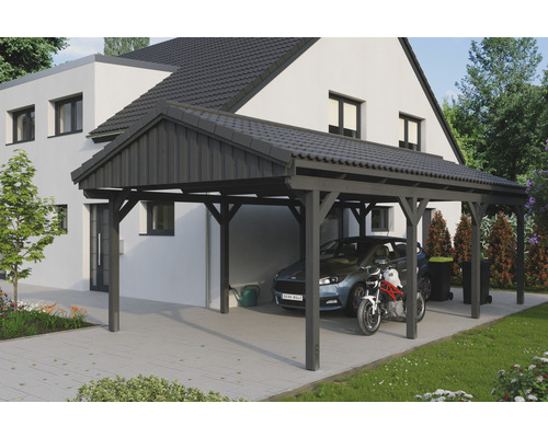 Einzelcarport SKAN Holz Fichtelberg 423 x 808 cm Schiefer Carport aus Holz mit zwei Stellplätzen neben einem Haus