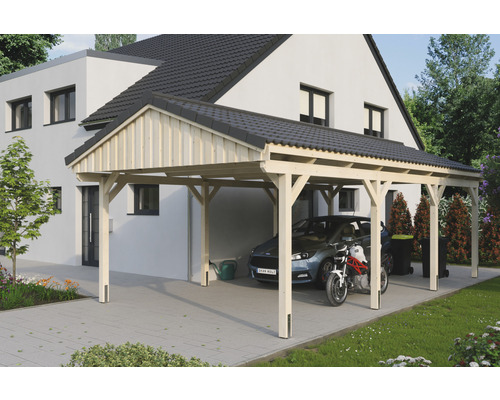 Einzelcarport SKAN Holz Fichtelberg 423 x 808 cm natur Carport aus Holz mit Auto und Motorrad untergestellt