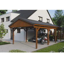 Holz Carport mit Auto und Motorrad vor einem Haus