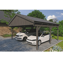 Doppelcarport aus Holz mit zwei geparkten Autos