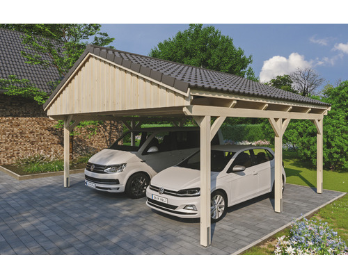 Doppelcarport SKAN Holz Fichtelberg 618 x 566 cm natur Doppelcarport aus Holz mit zwei geparkten Autos