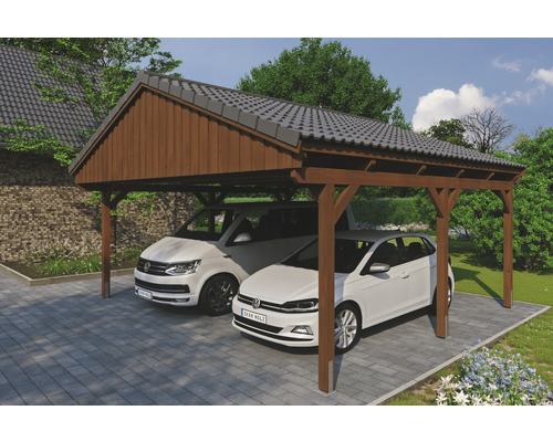 Doppelcarport SKAN Holz Fichtelberg 618 x 566 cm Nussbaum Doppelcarport aus Holz mit zwei parkenden Autos
