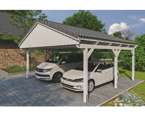 Doppelcarport SKAN Holz Fichtelberg 618 x 566 cm weiß Doppelcarport aus Holz mit zwei geparkten Autos