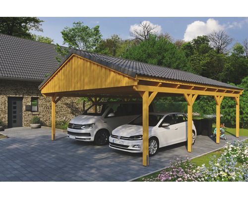 Doppelcarport SKAN Holz Fichtelberg 618 x 808 cm Eiche hell Doppelcarport aus Holz mit zwei Autos darunter