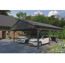 Doppelcarport aus Holz mit zwei parkenden Autos