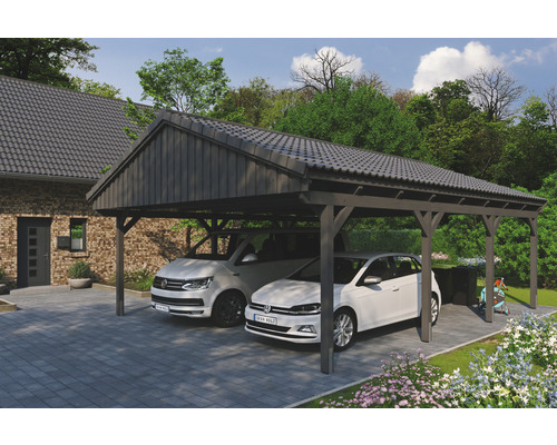 Doppelcarport SKAN Holz Fichtelberg 618 x 808 cm Schiefer Doppelcarport aus Holz mit zwei parkenden Autos