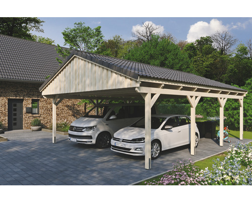 Doppelcarport SKAN Holz Fichtelberg 618 x 808 cm natur Doppelcarport aus Holz mit zwei geparkten Autos