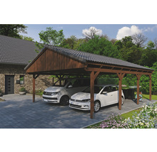 Doppelcarport aus Holz mit zwei Autos