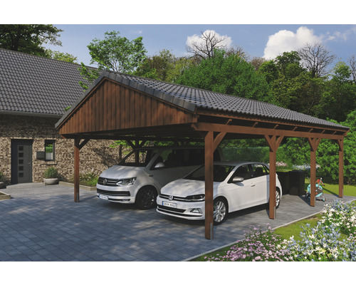 Doppelcarport SKAN Holz Fichtelberg 618 x 808 cm Nussbaum Doppelcarport aus Holz mit zwei Autos