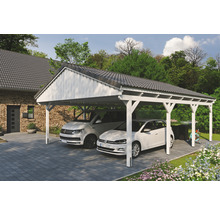 Doppelcarport aus Holz mit zwei geparkten Autos