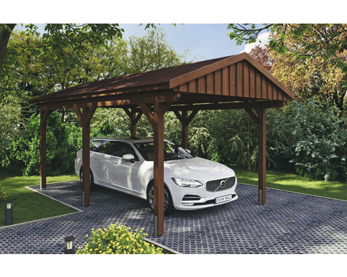 Einzelcarport SKAN Holz Fichtelberg inkl. Dachschindeln rot 317 x 566 cm Nussbaum