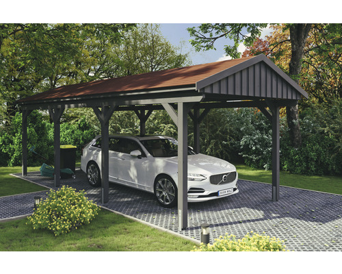 Einzelcarport SKAN Holz Fichtelberg inkl. Dachschindeln rot 317 x 808 cm Schiefer