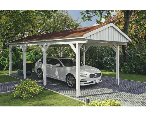 Einzelcarport SKAN Holz Fichtelberg inkl. Dachschindeln rot 317 x 808 cm weiß