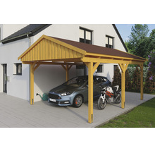 Holzcarport mit Auto und Motorrad
