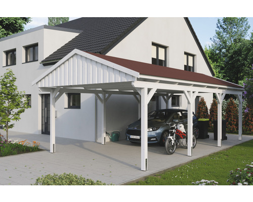 Einzelcarport SKAN Holz Fichtelberg inkl. Dachschindeln rot 423 x 808 cm weiß