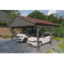 Doppelcarport aus Holz mit zwei geparkten Autos