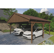 Doppelcarport SKAN Holz Fichtelberg inkl. Dachschindeln rot 618 x 566 cm Nussbaum
