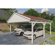 Doppelcarport SKAN Holz Fichtelberg inkl. Dachschindeln rot 618 x 566 cm weiß