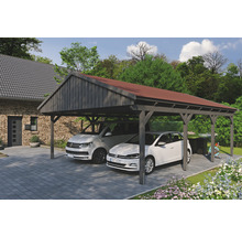 Doppelcarport SKAN Holz Fichtelberg inkl. Dachschindeln rot 618 x 808 cm Schiefer