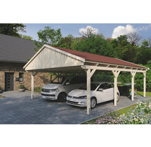 Doppelcarport SKAN Holz Fichtelberg inkl. Dachschindeln rot 618 x 808 cm natur
