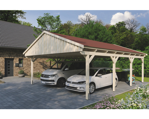 Doppelcarport SKAN Holz Fichtelberg inkl. Dachschindeln rot 618 x 808 cm natur