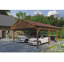 Doppelcarport SKAN Holz Fichtelberg inkl. Dachschindeln rot 618 x 808 cm Nussbaum