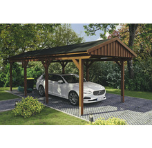 Einzelcarport SKAN Holz Fichtelberg inkl. Dachschindeln schwarz 317 x 808 cm Nussbaum