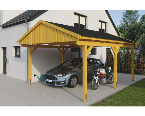 Einzelcarport SKAN Holz Fichtelberg inkl. Dachschindeln schwarz 423 x 566 cm Eiche hell