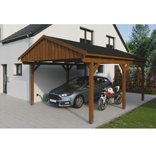 Einzelcarport SKAN Holz Fichtelberg inkl. Dachschindeln schwarz 423 x 566 cm Nussbaum