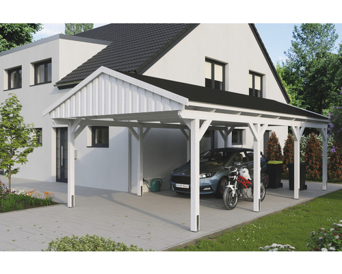 Einzelcarport SKAN Holz Fichtelberg inkl. Dachschindeln schwarz 423 x 808 cm weiß