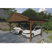 Doppelcarport SKAN Holz Fichtelberg inkl. Dachschindeln schwarz 618 x 566 cm Nussbaum