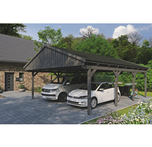 Doppelcarport aus Holz mit zwei geparkten Autos
