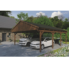 Doppelcarport SKAN Holz Fichtelberg inkl. Dachschindeln schwarz 618 x 808 cm Nussbaum